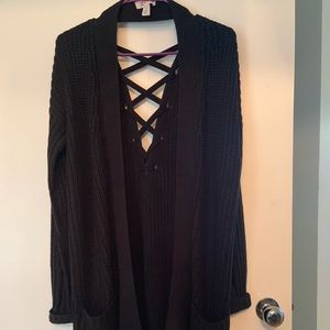 Black Cardigan Lace-up Back with front pockets